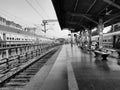 Closeup of Yesvantpur Junction railway station inside view of station corridor, escalator, pedestrian path, trains in a platform