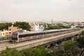 Bangalore, Karnataka India-June 01 2019 : Aerial View Bengaluru metro moving on the bridge near Vijaya Nagara, Bengaluru , India Royalty Free Stock Photo