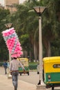 Bangalore, Karnataka India-June 04 2019 : Street Vendor selling Cotton candy or bombay mithai or panju mittai sweet In Indian near