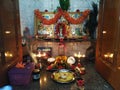 Closeup of Indian Puja Room Decorated with flowers during festival and family event Royalty Free Stock Photo