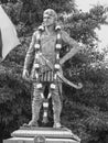 Closeup of beautiful Kannada Legend Actor Dr. Rajkumar Mayura Movie Character Standing Pose above the Hampi Chariot at