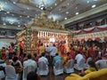 Closeup of beautifully decorated Big Golden Color Wedding Mandapa or Mantapa Design inside the Hindu Marriage Hall