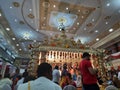 Closeup of beautifully decorated Big Golden Color Wedding Mandapa or Mantapa Design inside the Hindu Marriage Hall