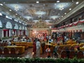 Closeup of beautifully decorated Big Golden Color Wedding Mandapa or Mantapa Design inside the Hindu Marriage Hall