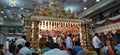 Closeup of beautifully decorated Big Golden Color Wedding Mandapa or Mantapa Design inside the Hindu Marriage Hall