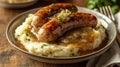 Bangers and mash with gravy served on a rustic plate. Royalty Free Stock Photo