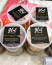 Gluten free cookies in various flavours in a container. Local brand Glut cookies