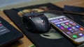 Close up view of a RGB led gaming mouse and an android smartphone on a mousepad