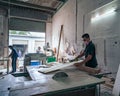 Bangi, Malaysia - Oct 22, 2021 : Wood workshop interior with workers