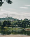 Bangi, Malaysia - Sep 18, 2021: Taman Tasik Cempaka sign at the lake with reflections