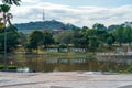 Bangi, Malaysia - Sep 18, 2021: Taman Tasik Cempaka sign at the lake with reflections