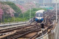 BANGKOK - April 09: BTS Skytrain on elevated rails above mo chit station on April 09, 2017 in Bangkok, Thailand. train of the mass