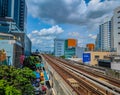 Bangkok BTS skytrain system. Rails among many buildings in city center Royalty Free Stock Photo