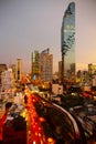 Bangkok city building tower skyline with skytrain nigh in Asia Thailand Royalty Free Stock Photo