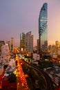 Bangkok city building tower skyline with skytrain nigh in Asia Thailand Royalty Free Stock Photo