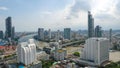 Bangkok city skyline view from river with skyscrapers buildings reflect in water at noon., Beautiful panoramic city skyline., Royalty Free Stock Photo