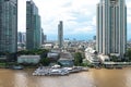 Bangkok Cityscape Business Administrative center with river view during sunset. Royalty Free Stock Photo