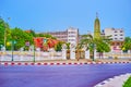 The Bangkok cityscape with green prang of Wat  Ratchaburana Temple on background, Thailand Royalty Free Stock Photo