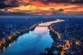 Bangkok cityscape at sunset with Chao Phraya River, Thailand, Aerial skyline view of Hanoi. Hanoi cityscape at twilight, AI