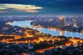 Bangkok cityscape at twilight time with Chao Phraya River, Bangkok, Thailand, Aerial skyline view of Hanoi, Hanoi cityscape at