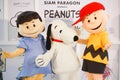 Famous character mascots from Peanuts movies. From Left to right is Lucy, Snoopy and Charlie Brown. Royalty Free Stock Photo