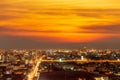 Bangkok nightscape, dramatic fiery sky and clouds