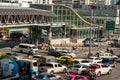 BANGKOK, THAILAND - APR 2015: Bangkok traffic jam at Petchburi Road Asoke Ratchada junction near MRT Petchburi on 21 April 2015