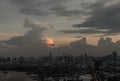 N impressive aerial top view of skyscrapers at downtown Bangkok city along the chao phraya river in evening time Royalty Free Stock Photo