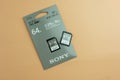 Bangkok, Thailand - April 1, 2023 : Sony SDXC UHS-II SD memory card for writing data. Sony memory card