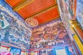 Colorful frescoes on the walls of Image House of Wat Bowonniwet Vihara temple, on April 23 in Bangkok, Thailand