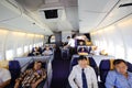 Bangkok, Thailand - April 4, 2012 : In flight of Thai Airways Boeing 747-400 in first classvr.7442 cabin with passengers on boar