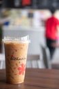 Bangkok, Thailand - April 26, 2020: Iced Espresso coffee in take away glass at Inthanin coffee