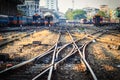 Bangkok, Thailand - April 23, 2017: Perspective railway landscape of free and empty railway lines. Detailed picture of rails and