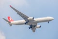 Plane or aircraft of Turkish Airlines or Airways on the sky landing to Suvanabhumi airport.