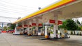 Shell gas station with red and yellow color for car, motorcycle or vehicle fill gasoline and energy to engine for travel.