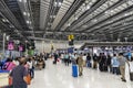 Bangkok, Thailand - April 10, 2023: Suvarnabhumi Airport with many travelers during the Songkran Festival because it is the Thai