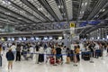 Bangkok, Thailand - April 10, 2023: Suvarnabhumi Airport with many travelers during the Songkran Festival because it is the Thai