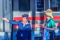 Bangkok, Thailand - April 23, 2017: Uniformed train hostess is w