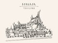 Vector Bangkok, Thailand, postcard in retro style. Wat Suthat Buddhist temple in the Thai capital Krungthep Mahanakorn. Travel