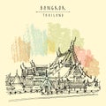 Vector Bangkok, Thailand, postcard in retro style. Wat Suthat Buddhist temple in the Thai capital Krungthep Mahanakorn. Travel