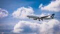 Bangkok, Thailand - August 26, 2023 : Cathay pacific airlines prepare for Landing at Suvarnabhumi Airport, Thailand Royalty Free Stock Photo