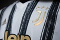 Close-Up on Logo of Juventus football club on an official 2020 jerseys