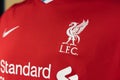 Close Up on Logo of Liverpool football club on an official 2020 jerseys