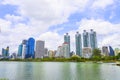 Bangkok, Thailand - August 18, 2018 : Lake Ratchada situated in the Benjakitti Park with flowers in the foreground and modern Royalty Free Stock Photo