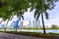 Bangkok, Thailand - August 18, 2018 : Lake Ratchada situated in the Benjakitti Park with flowers in the foreground and modern Royalty Free Stock Photo