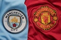 BANGKOK, THAILAND - AUGUST 5: Logo of Manchester City andManchester United Football Club on the Jersey on August 5,2017 in