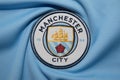 BANGKOK, THAILAND - AUGUST 5: The Logo of Manchester City Football Club on the Jersey on August 5,2017 in Bangkok Thailand.