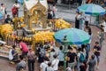 Bangkok, Thailand - August 6, 2020: unidentified tourists and thai people praying respect the famous Erawan shrine at Royalty Free Stock Photo