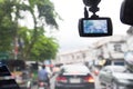 BANGKOK, THAILAND - AUGUST 8, 2017. View inside the car with CCTV car recorder on the road in Bangkok. Bangkok is the city of traf