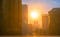 Bangkok cityscape with intricate modern buildings in beautiful golden winter sunrise sky and PM 2.5 pollution